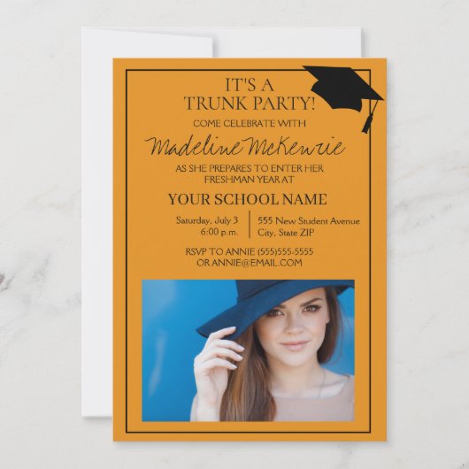 Orange Black Uni Trunk Party Foto laden Einladung (Vorderseite)