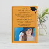 Orange Black Uni Trunk Party Foto laden Einladung (Stehend Vorderseite)