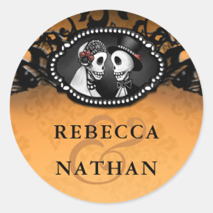 Orange & Black Wedding Skeletons Envelope Label Runder Aufkleber