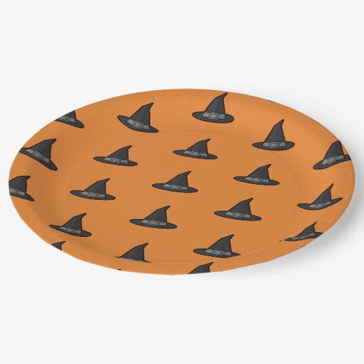 Orange Black Witch Hat Pattern Halloween-Party Pappteller (Schrägansicht)