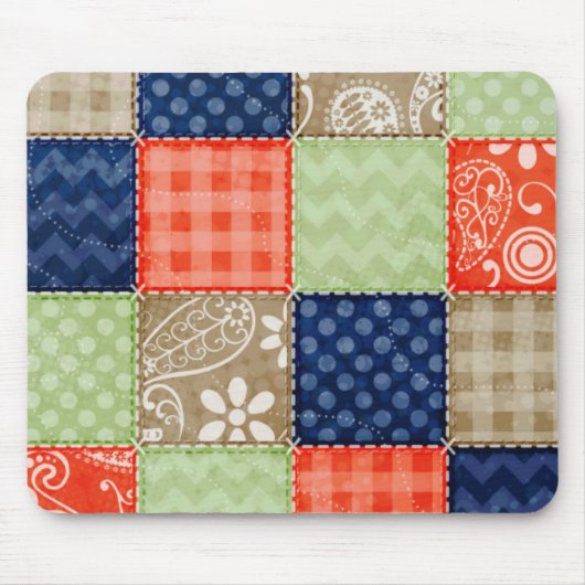Orange, Blau, Braun und Salbeigrün Patchwork-Look Mousepad (Vorne)