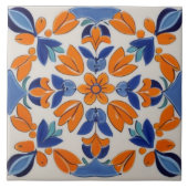 Orange Blau Geometrische Blume Mittelmeer Fliese (Vorderseite)