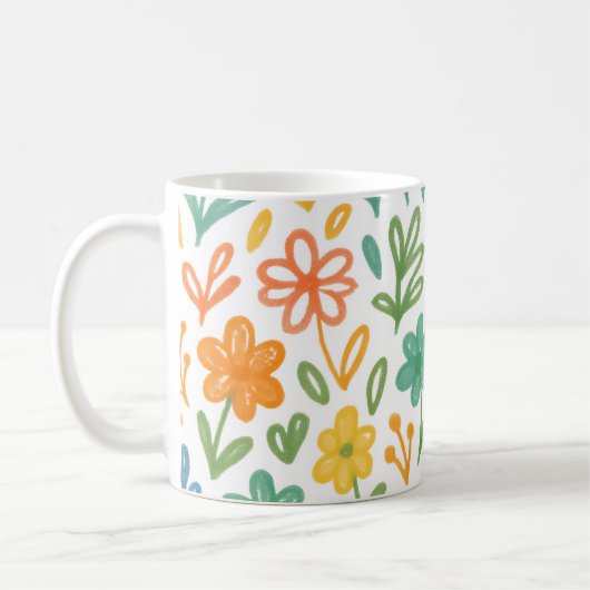 Orange Blau Und Gelb Illustriertes Blumenmuster Kaffeetasse (Links)