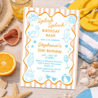 Orange Blaue Handgezeichnete Sommer-Poolparty-Gebu Einladung