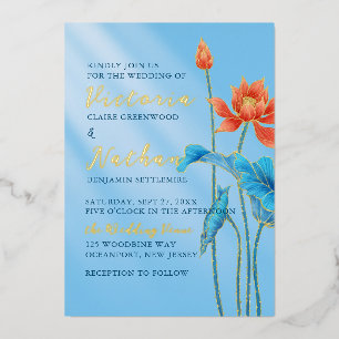 Orange & Blaue Lotusblumen Blätter Hochzeit Folieneinladung