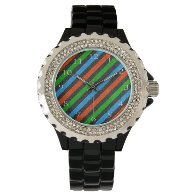 Orange, blauer, grüner, schwarzer Glitzer Armbanduhr (Vorderseite)