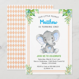 Orange Blauer Junge Elefant Geburtstag Kleiner Gen Einladung