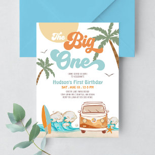 Orange Blauer Junge The Big One Surf 1. Geburtstag Einladung