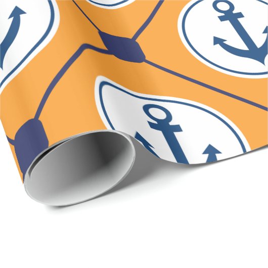 Orange blaues Seeanker-Muster Geschenkpapier (Rolleneckpunkt)