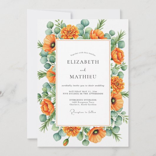 Orange Blissful Botanical Wedding Einladung (Vorderseite)