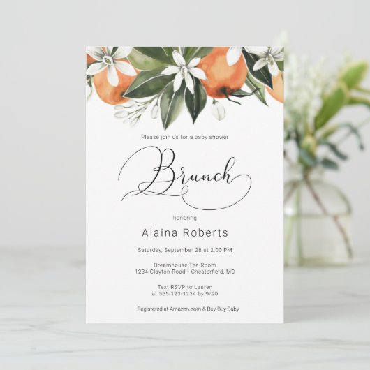 Orange Blossom Babydusche Brunch Einladung (Stehend Vorderseite)