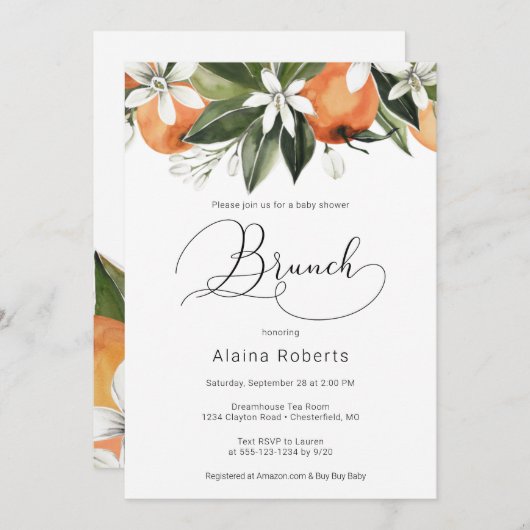 Orange Blossom Babydusche Brunch Einladung (Vorne/Hinten)