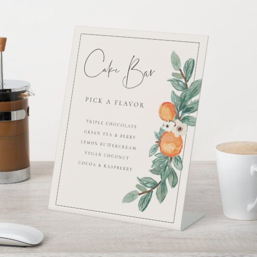 Orange Blossom Cake Bar Wedding Food Table Zeichen Sockelschild (In SItu)