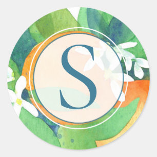 Orange Blossom Citrus Fruchtfarben Monogramm Runder Aufkleber