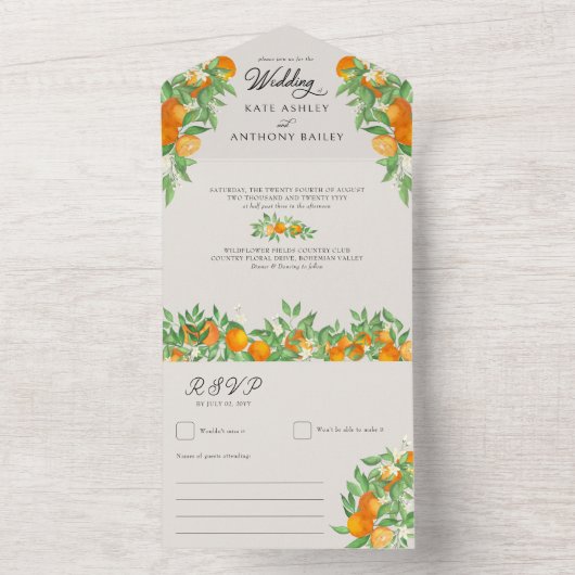 Orange Blossom Citrus Hochzeit und UAWG All In One Einladung (Innen Boden)