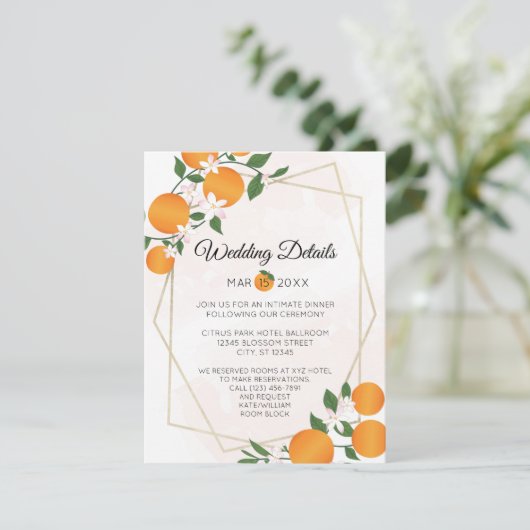 Orange Blossom Citrus Wedding Details Umschließung RSVP Karte (Stehend Vorderseite)