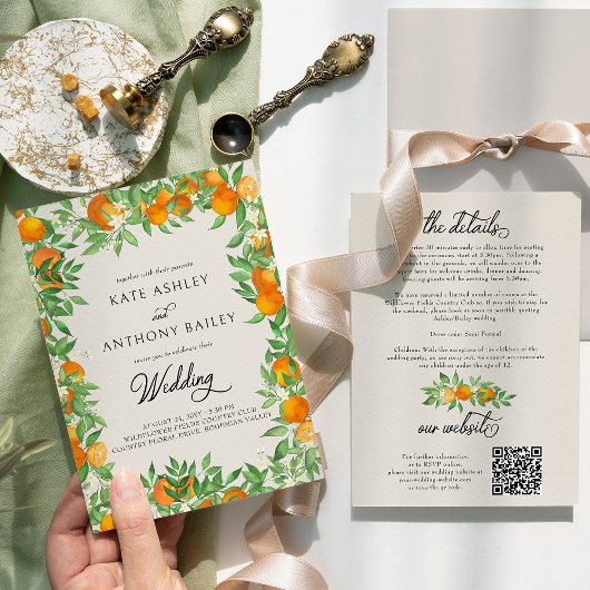 Orange Blossom Citrus Wedding Details und Website Einladung