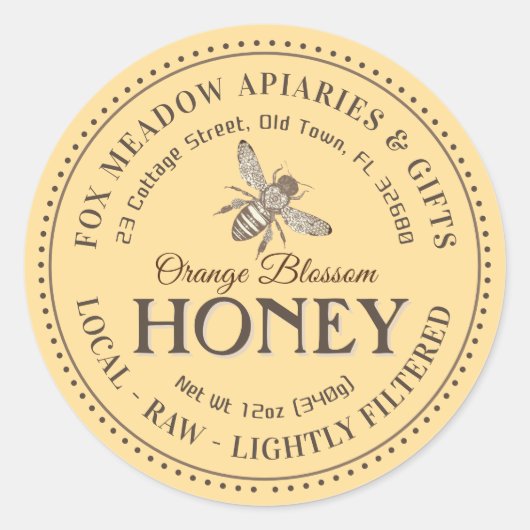 Orange Blossom Honey Flying Bee gepunktete Grenze Runder Aufkleber (Vorderseite)
