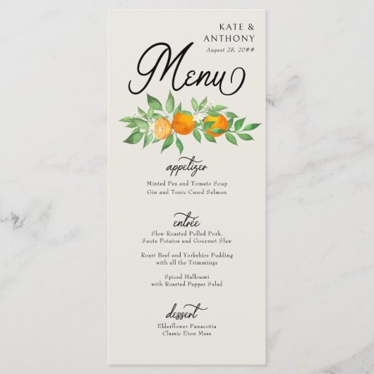 Orange Blossom Three Courses Citrus Wedding Menükarte (Vorderseite)