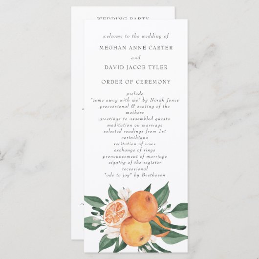 Orange Blossoms Citrus Botanical Wedding  Programm (Vorne/Hinten)