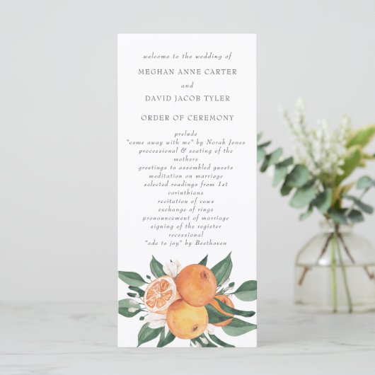 Orange Blossoms Citrus Botanical Wedding  Programm (Stehend Vorderseite)