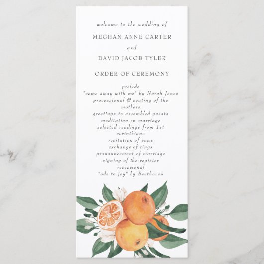 Orange Blossoms Citrus Botanical Wedding  Programm (Vorderseite)