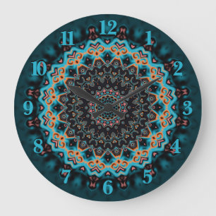 Orange Blue Aquamarin Black Mandala Boho Art Große Wanduhr