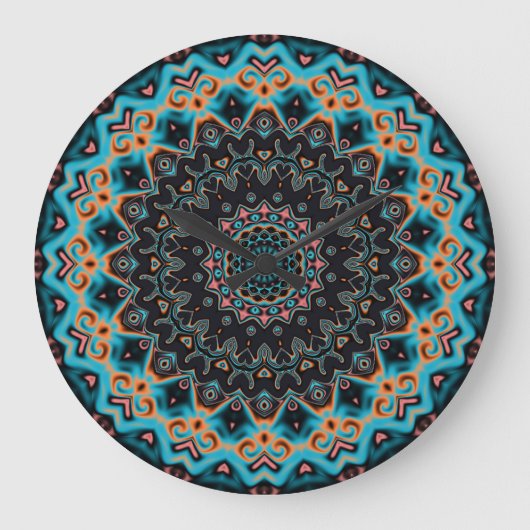 Orange Blue Aquamarin Black Mandala Boho Art Große Wanduhr (Vorderseite)
