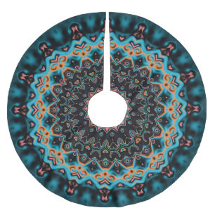Orange Blue Aquamarin Black Mandala Boho Art Polyester Weihnachtsbaumdecke