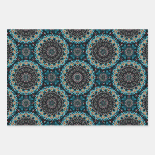 Orange Blue Aquamarin Black Mandala Boho Pattern Geschenkpapier Set (Vorderseite)
