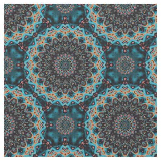 Orange Blue Aquamarin Black Mandala Boho Pattern Stoff (Nahaufnahme)