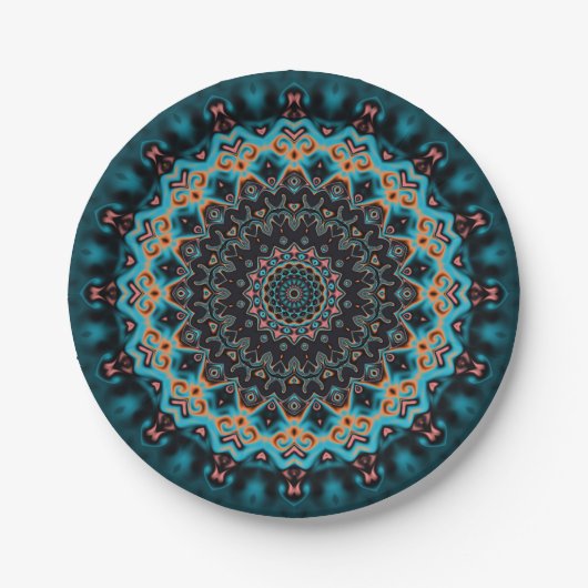 Orange Blue Aquamarin Black Mandala Pappteller (Vorderseite)