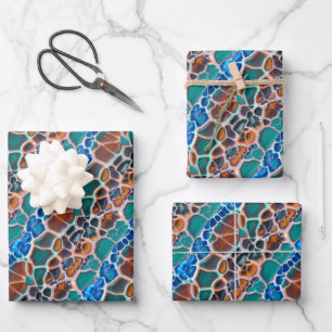 Orange Blue Aquamarin Mosaik-Festglasabstraktion Geschenkpapier Set