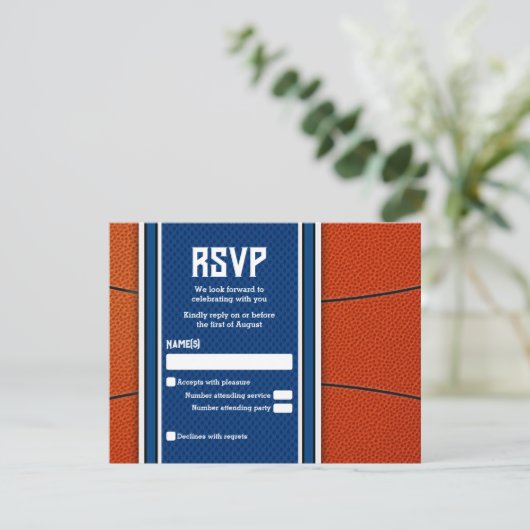 Orange Blue Basketball Bar Mitzvah RSVP Karte (Stehend Vorderseite)