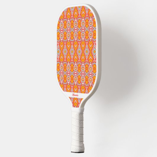 Orange Blue Boho Ikat Muster Personalisierter Text Pickleball Schläger (Links)