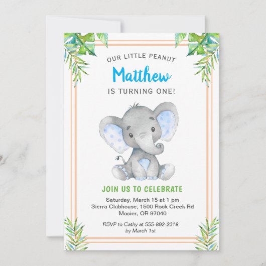 Orange Blue Boy Elephant Birthday Little Gentleman Einladung (Vorderseite)