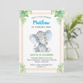 Orange Blue Boy Elephant Birthday Little Gentleman Einladung (Stehend Vorderseite)