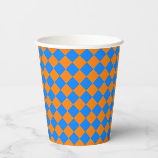 Orange Blue Checker Diamond Pattern Pappbecher (Rückseite)