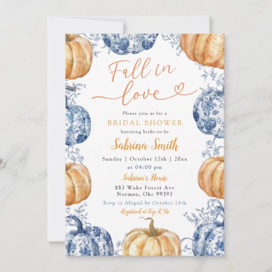 Orange Blue Chinoiserie Pumpkin Brautparty Einladung (Vorderseite)