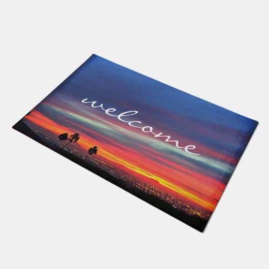 Orange Blue Clouds Sunset Landschaft Foto Willkomm Fußmatte (Schrägansicht)