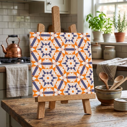 Orange Blue Cream Geometric Hexagons Muster Fliese