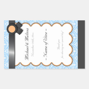 Orange & Blue Damask Hochzeitswine Flaschenmarken Rechteckiger Aufkleber