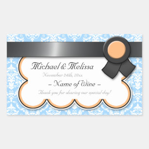 Orange & Blue Damask Hochzeitswine Flaschenmarken Rechteckiger Aufkleber