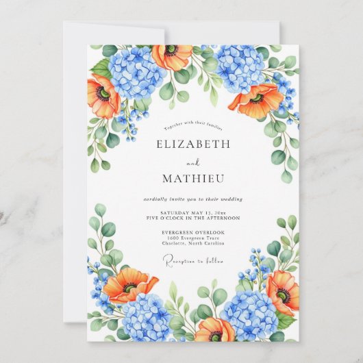 Orange Blue Floral Spring Wedding Einladung (Vorderseite)