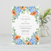 Orange Blue Floral Spring Wedding Einladung (Stehend Vorderseite)