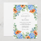 Orange Blue Floral Spring Wedding Einladung (Vorne/Hinten)