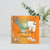 Orange Blue Gold Birthday Party Champagne Einladung (Stehend Vorderseite)