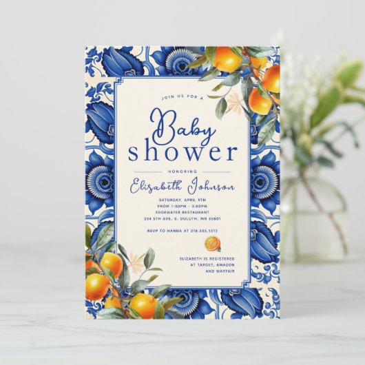 Orange Blue Little Süsse Baby Dusche Einladung (Stehend Vorderseite)