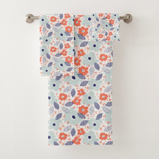 Orange & Blue Modern Blume Pattern Badhandtuch Set (Insitu)