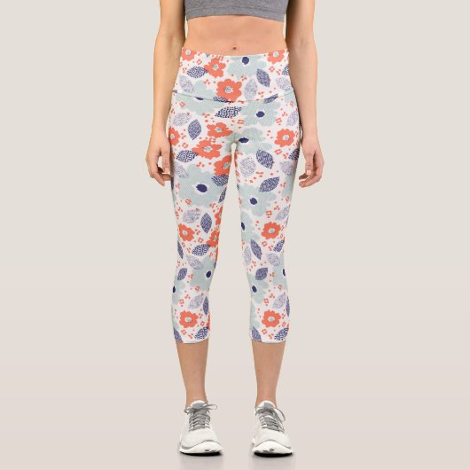 Orange & Blue Modern Blume Pattern Capri Leggings (Vorderseite)